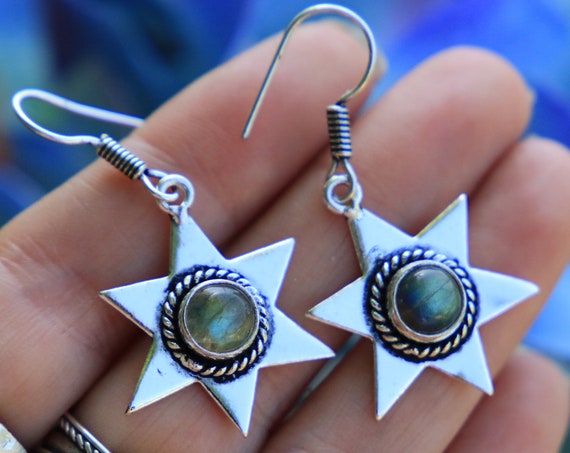 LABRADORITE STAR EARRINGS - Silver Earrings - Labradorite Healing Crystal Jewellery - Statement - Bohemian - Vintage Style Crystal - Moon