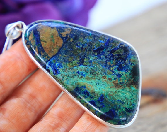 RARE AZURITE NECKLACE - Xlarge - Azurite - Malachite - Sterling Silver Necklace - Turquoise - Chrysocolla Colour - Crystal - Navajo - Chakra