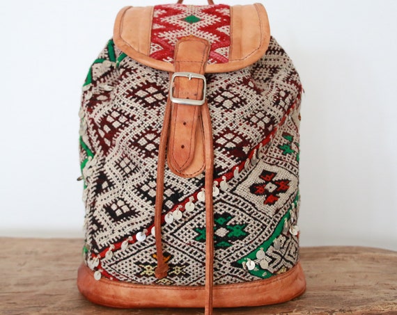 XL KILIM RUCKSACK - Vintage - Hippie - Boho Backpack - Aztec Bag - Moroccan - Leather rucksack - Student Gift - 70's Retro - Carpet Bag