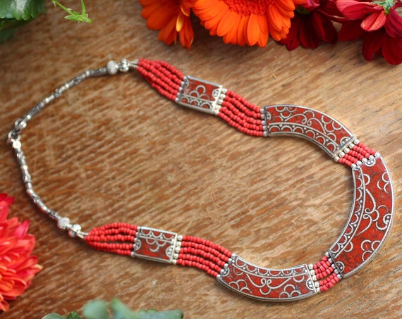 VINTAGE CORAL NECKLACE - Xl - Nepali - Buddhist - Tibetan Jewellery - Semi Precious - Gift - Antique Style Nepalese - Gemstone Mosaic