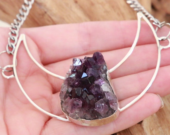 CRYSTAL DRUZE NECKLACE - Raw Amethyst Moon Necklace - Sterling Silver Crystal Necklace - Crescent Moon - February Birth Stone - Zodiac Gift