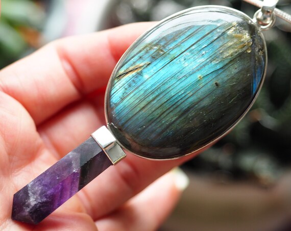 LABRADORITE POWER AMULET - Amethyst Xl Power necklace - 925 Sterling silver - Birthstone - Dowsing Pendulum - Palm Stone - Giant Crystal