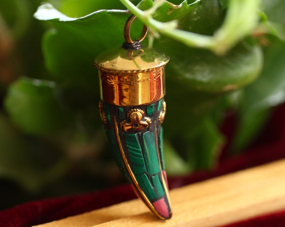 NEPALESE TUSK NECKLACE - Unisex jewellery - Coral - Turquoise - Nepali - Buddhist Tibetan - Brass Inlay - Antique Style - Good luck charm