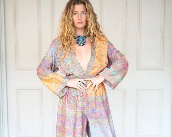 PAISLEY BARDOT JUMPSUIT - Bootcut boiler suit - Recycled Silk - 70's 60's - Gunne Sax Style Trouser - Boho Christmas - Stevie Nicks - Retro