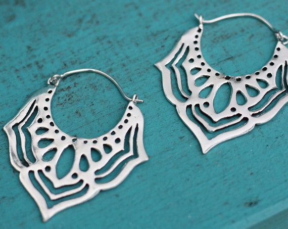 LARGE TRIBAL EARRINGS - Ethnic jewelry - Tribal - Sacred Geometry - Lotus Flower - Silver Plated - Flower power earrings - Laser cut Gift