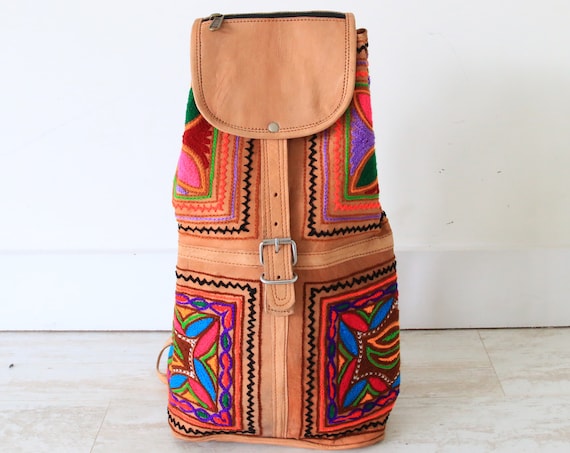 VINTAGE EMBROIDERED BACKPACK - Leather bag - Hippie Bohemian rucksack - Back to school - Festival - Aztec - 60's 70's Retro Bag - Student