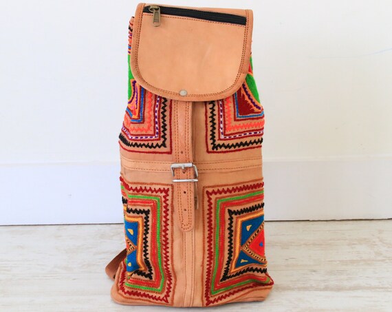 RAINBOW LEATHER RUCKSACK - Embroidered bag - Vintage Hippie Backpack - Student Gift - Traveller - Backpacker - Festival Bag - Yoga Bag Gift