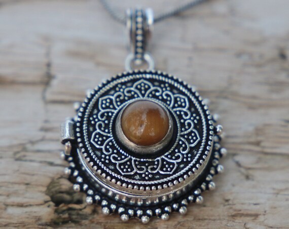 STASH BOX JEWELLERY - Tigers Eye Pill box - Silver plated - Mantra Box - Crystal - Gemstone - Festival - Perfume - Vintage Necklace - Sale