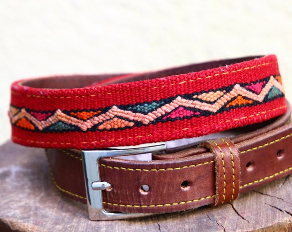 KILIM LEATHER BELT - Vintage Carpet - Moroccan leather belt - Up-cycled - Recycled Rug - Aztec Navajo - Leather Hippie style Accessory - 60s