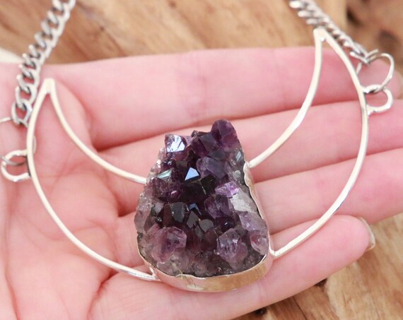 CRYSTAL MOON NECKLACE - Raw Amethyst - Sterling Silver - Crystal - Crescent Moon - Chakra Moon Jewellery - Limited Edition - Druze Gemstone