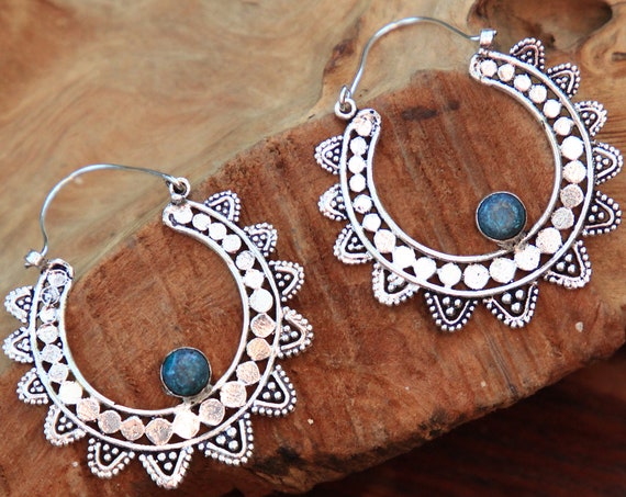 TURQUOISE FLOWER EARRINGS - Statement Bohemian Tribal Earrings - jewellery Sale - Handmade Gemstone Gift - Zodiac - Birthstone - Christmas