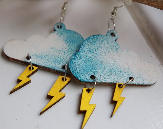 LIGHTENING CLOUD EARRINGS - Storm Earrings - Lightening bolt - David Bowie - Hand painted up cycled wood earrings - Laser cut Rainbow cloud