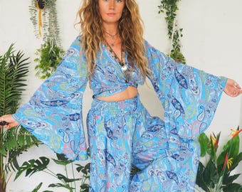 PAISLEY SILK SET - 2 Piece Viscose Silk Blend Trouser set - Bell sleeve Jumpsuit - Flared Palazzo pants - Wide leg - Co Ord - 60's 70's