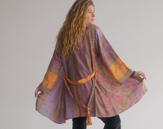 MID LENGTH KAFTAN - Indian Silk Cover Up - Bohemian Beach Wear - Lounge - Wrap Around Dress - Lingerie - Summer Jacket - Dressing Gown Home