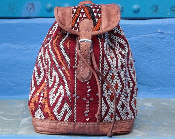 LARGE KILIM RUCKSACK - Vintage rucksack - Hippie - Boho Backpack - Aztec rucksack - Moroccan - Leather rucksack - Student Gift - 70's Retro