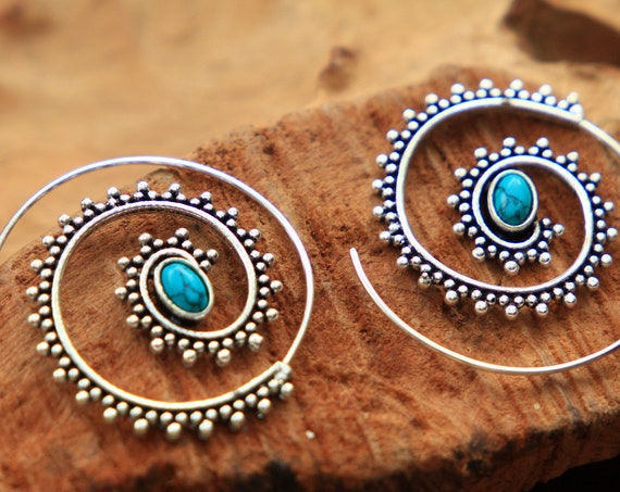 TURQUOISE SPIRAL EARRINGS - Tribal Gemstone Earrings - Twist Hook Earrings - Sacred Geometry Inspired - Ethnic Jewellery - Crystal Power