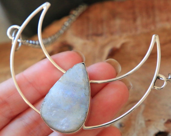 STATEMENT MOON NECKLACE - Moonstone - Sterling Silver - Bespoke - Crystal Moon - Galaxy Crystal - Raw Geode Druze - Natural Moonstone Gift