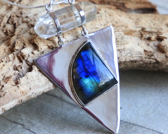 LABRADORITE TRIANGLE NECKLACE - Divine Feminine - Labradorite & Quartz - Sterling Silver - Crystal - Bespoke - Spiritual - Reiki Gift