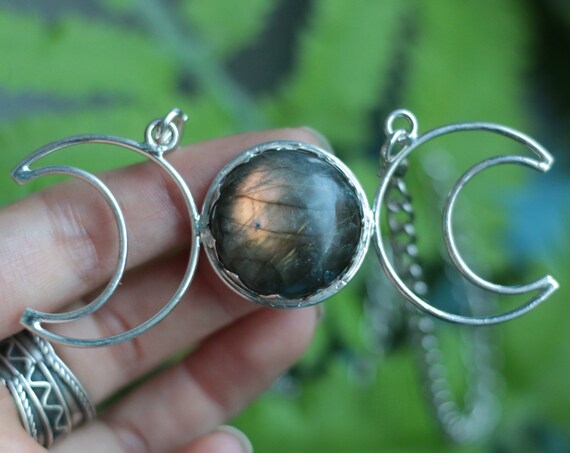 LABRADORITE TRIPLE MOON - Statement Sterling Silver Necklace - Moon phase jewellery - Galaxy Crystal - Divine Feminine - Triple Moon Goddess