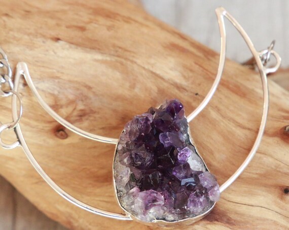 AMETHYST MOON NECKLACE - Raw Amethyst Druzy - Sterling Silver - Rough Crystal Moon - Chakra Jewellery - Birthstone Gemstone Gift - Statement
