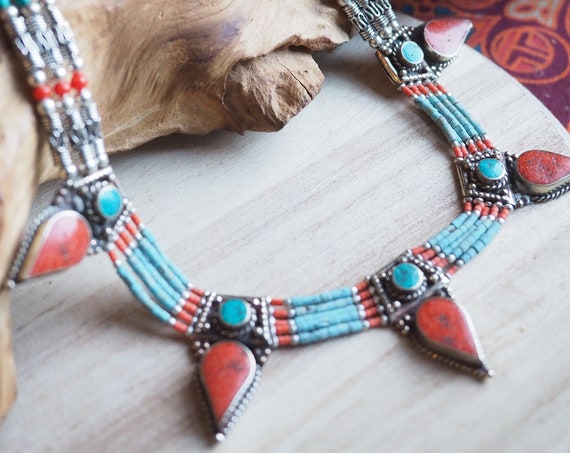 VINTAGE NEPALI NECKLACE - Statement Necklace - Coral - Turquoise - Nepalese - Buddhist - Tibetan Jewellery - Semi Precious - Gift - Bespoke