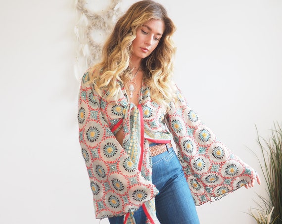 DUSTY GREY TOP - Sheer bell sleeve Top - Recycled Fabric - Vintage Silk - Heavily embroidered - Hand Embellished - Sequin - 70's Retro top