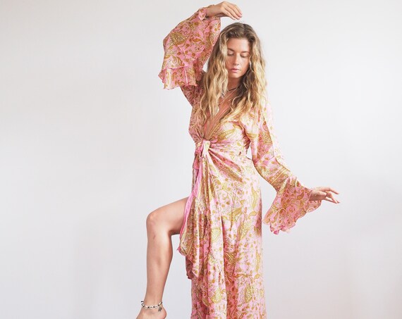 PINK FLEETWOOD WRAP - Wrap around dress - Bell sleeve Kimono - Maxi summer dress - Stevie Nicks Style - Gunne Sax - Glastonbury Festival
