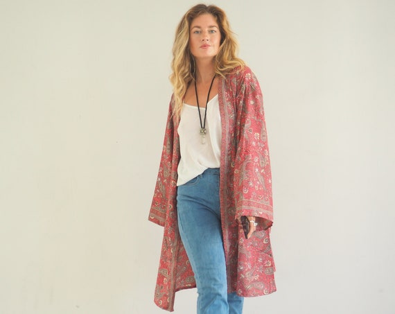 PINK SKY KIMONO - Silk Cardigan - Cover Up - Bohemian Beach Kaftan - Lounge Wear - Wrap Around Kimono - Lingerie Dress - Vintage Silk jacket