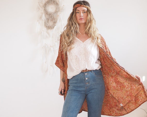 ORANGE FIRE KAFTAN - Indian Silk - Bohemian Beach Wear - Lounge - Wrap Around Dress - Lingerie - Summer Jacket - Dressing Gown - Home Wear