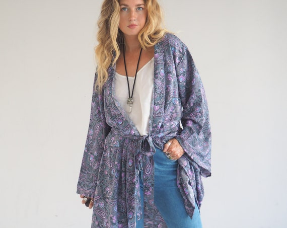 MID LENGTH KAFTAN - Indian Silk Cover Up - Bohemian Beach Wear - Lounge - Wrap Around Dress - Lingerie - Summer Jacket - Dressing Gown Home