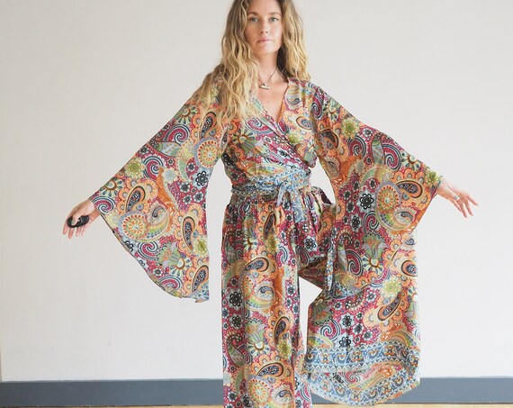 70's GODDESS SET - Silk Bell sleeve & Trouser set - Co-ord - Flared Jumpsuit - Wide leg flares - Pyjamas - Lounge wear - 60's Flower Power