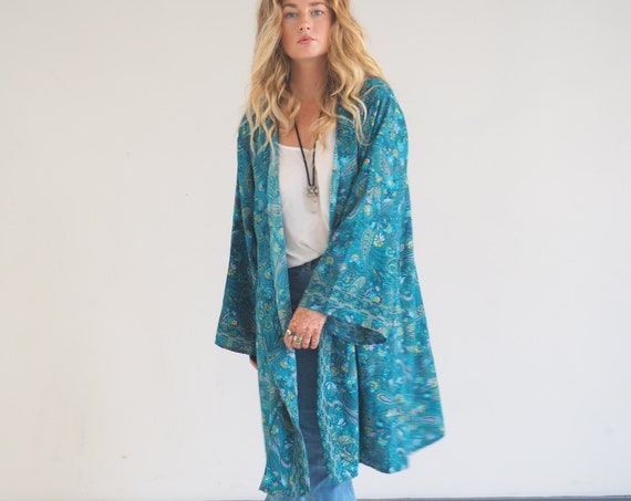 MID LENGTH KIMONO - Indian Silk Cardigan - Cover Up - Bohemian Beach Kaftan - Lounge Dress - Wrap Around Kimono - Lingerie - Summer Jacket