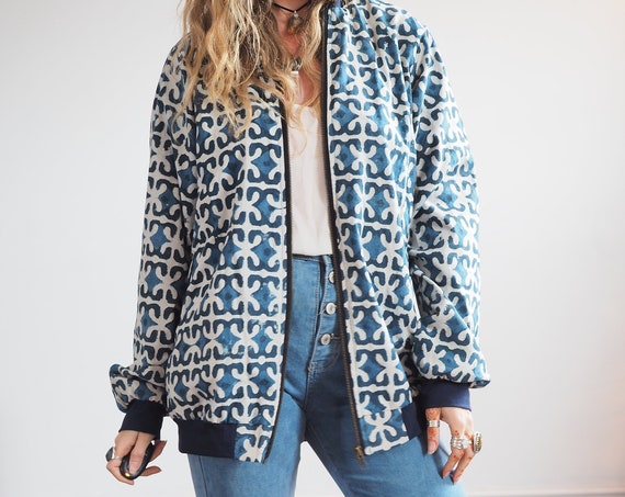 BLUE BOMBER JACKET - Lightweight Summer jacket - Indian Block print - Non Binary Coat - Single Layer Jacket - Eco - Slow Fashion - Vegan Ink