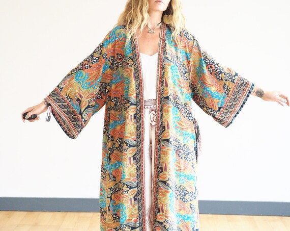 MAXI KIMONO - With pockets! Long Hippie Jacket - Silk viscose Cover Up - Kaftan - Vintage 70's - 60's Dressing Gown - Gunne Sax style
