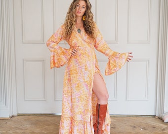 SUNRISE FLEETWOOD WRAP - Wrap around dress - Bell sleeve Kimono - Maxi dress - Stevie Nicks Style - Summer Vintage - Silk Festival Kaftan