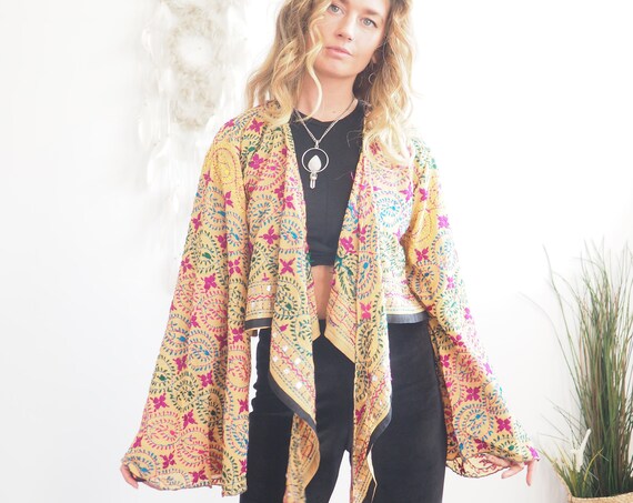 EMBROIDERED SILK TOP - One Available - Bell sleeve - 70s 60'S - Recycled Fabric - Vintage Kimono - Heavily Embellished - Hand embroidered