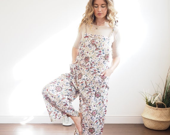 BLOCKPRINT COTTON DUNGAREES - Ruby Sparrow - Soft Cotton Overalls - Floral - Lucy and Yak - Vintage Summer - Wide Leg Pants - Non Binary