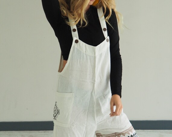 WHITE CROP PLAYSUIT - Short set - Ruby Sparrow Overalls - Organic Cotton - indian Block Print - Summer - Unisex Jumpsuit - Dungaree shorts
