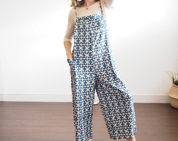 BLOCK PRINT JUMPSUIT - Ruby Sparrow Overalls - Lightweight Soft Cotton - Lucy and Yak Style -Unisex - Summer Dungarees - Wide Leg 70's Pants