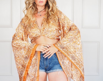 BELLA KIMONO - Manga acampanada XL - Top estilo murciélago - Estilo kimono japonés - Top boho de los 70 con lazo - Chaqueta con mangas con volantes - Top corto boho de seda vintage