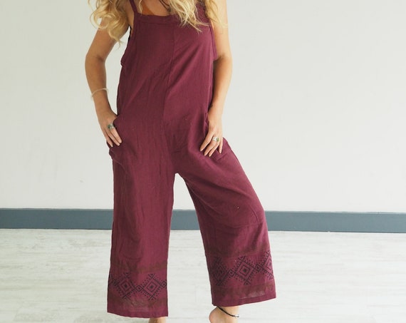 BLOCK PRINT OVERALLS - Burgundy Jumpsuit - Ruby Sparrow linen playsuit - Organic Cotton Dungarees - Indian Print - Casual Boho Lounge wear