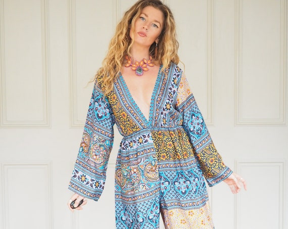 BARDOT BOILER SUIT - Wide leg Jumpsuit - Straight leg Trouser - Bootcut - Sari Silk - Boho Christmas - Winter Outfit - Deep V neck - Chic