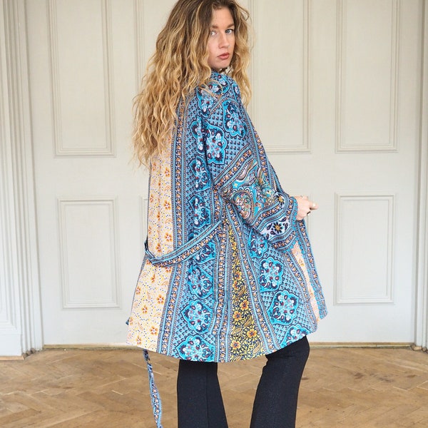 MID LENGTH KAFTAN - Indian Silk Cover Up - Bohemian lounge Wear - Home - Wrap Around Dress - Lingerie - Summer Jacket - Dressing Gown - Boho