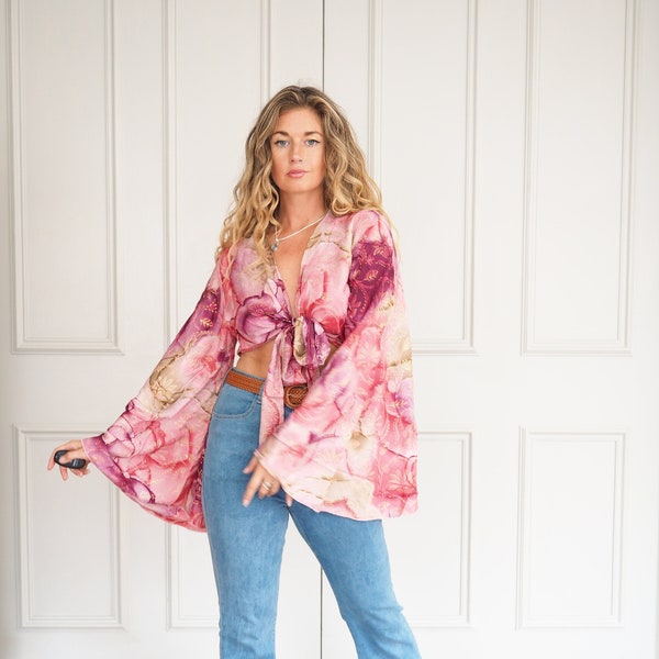 LUXE BELL SLEEVE - Slow Fashion - Recycled Sari Silk - Repurposed Fabric - Stevie nicks - Wrap tie top - 60's 70's - Hippie shake Crop top