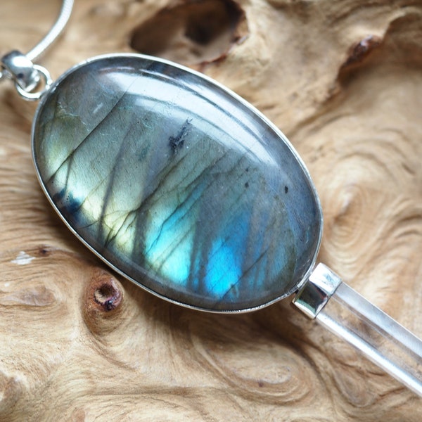 Amulette de puissance en cristal - Xl collier de pierres précieuses de quartz - argent 925 - labradorite - pendule de radiesthésie - pierre de paume - baguette de chakra en cristal géant