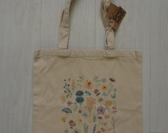 The FLOWERS - Tote bag - Hand printed - Soft Organic cotton  - Psychedelic - Mushrooms - 70s - 60's - Retro - Handmade Gift