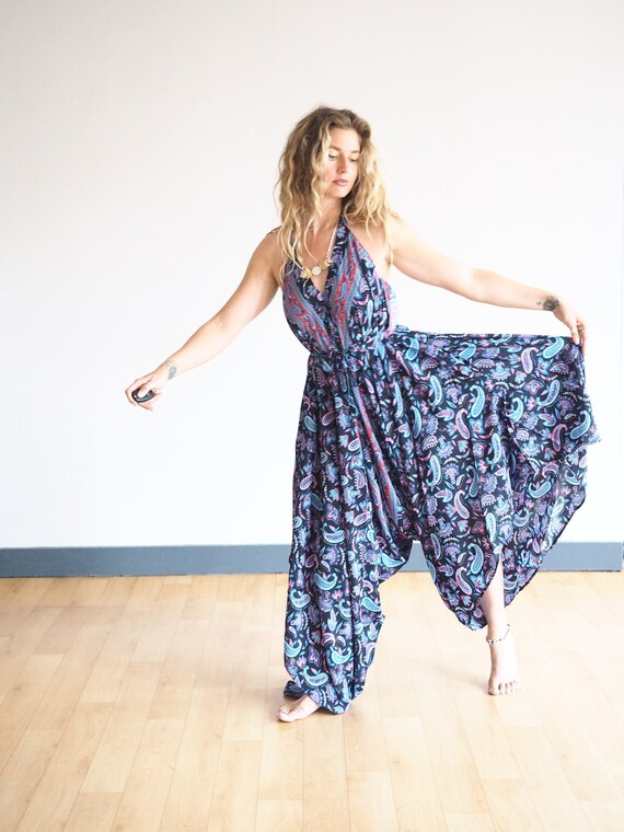 JUMPSUIT DRESS - Silk blend Overalls with pockets! - Festival Multi wear - Backless Dress - Summer boho wedding - Halter neck dungaree dress