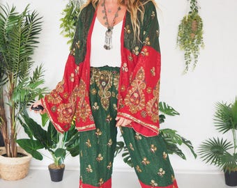 SARI TWO PIECE - Kimono & Trouser set - Sequin - Floaty Long Trousers - Co-ord pant set - 60's Hippie Vintage 1970's