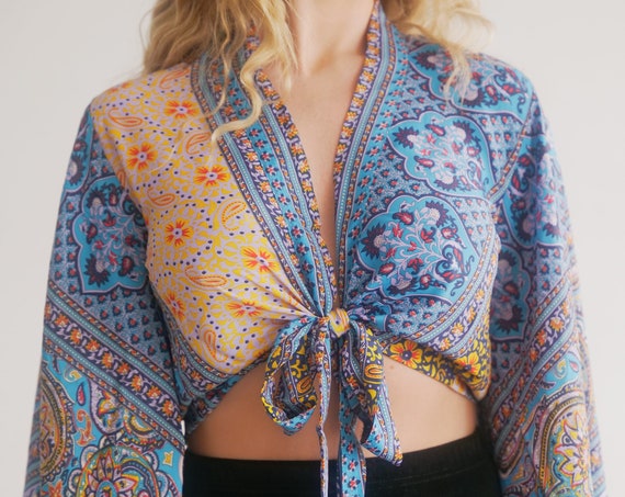 FOLK TIE TOP - Indian Silk Bell Sleeve - Hippie Top - Retro - 70s - 60'S - Recycled - Silk Kimono - Stevie Nicks - Dancer - Kaftan Lounge