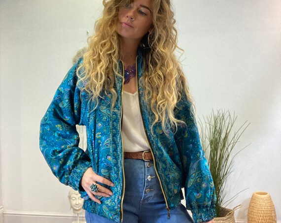 INDIAN BOMBER JACKET - Thermal Fleece - Indian Silk Coat - Petite - Uk 8-12 - Recycled - Slow Fashion - Unisex - Vintage style jacket - Sale